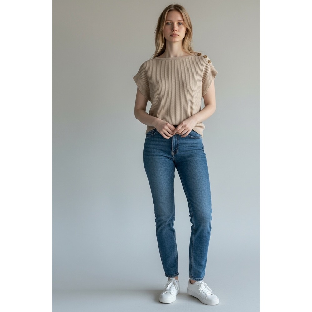 Ann Taylor Factory Ribbed Boat Neck Cap Sleeve‎ Sweater Top Beige Size M